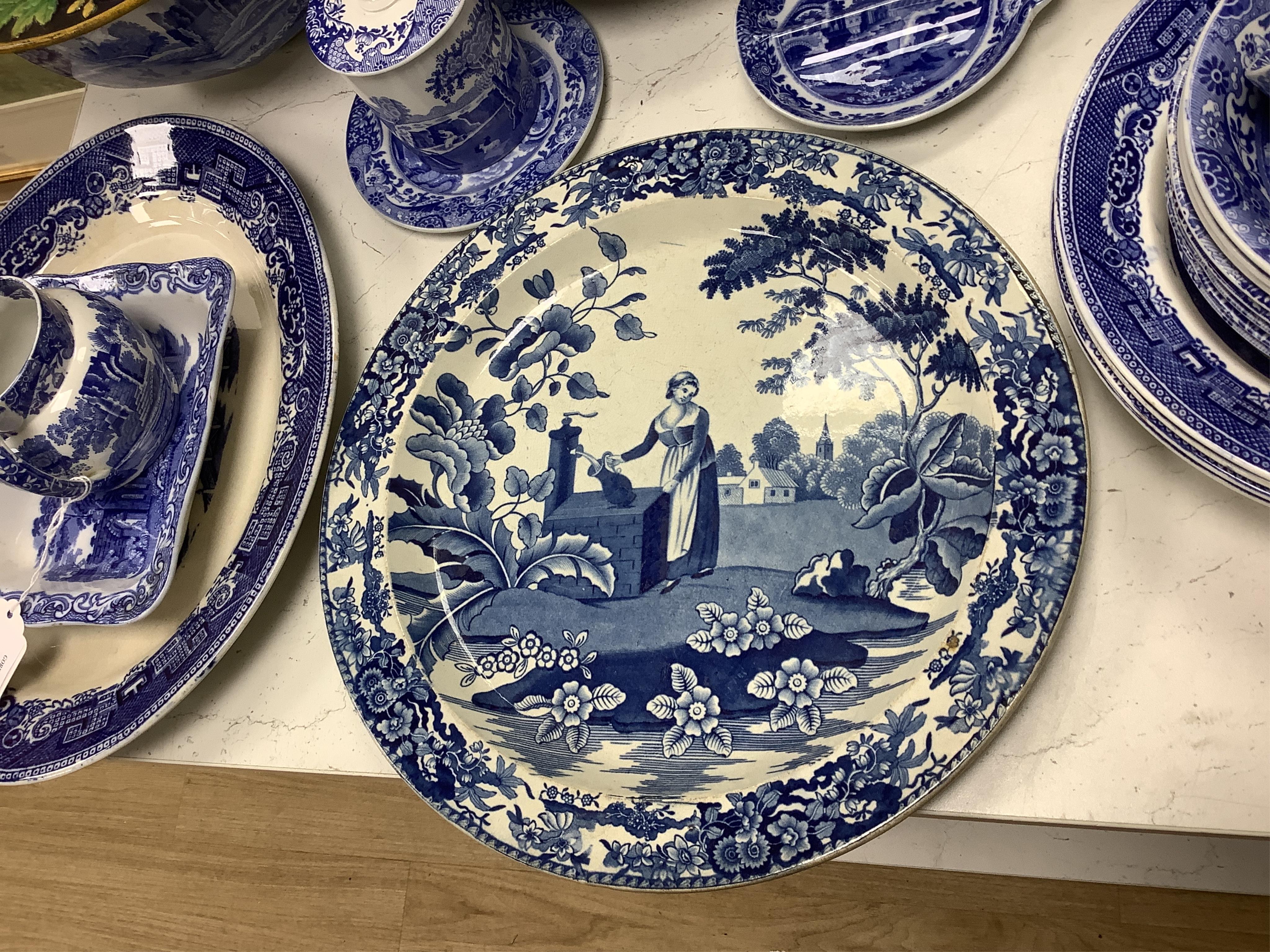 A quantity of blue and white china, mostly Spode Italian, together with a Davenport plate, a Mason's ironstone plate and a late Victorian majolica dish (a.f.). Condition - varies